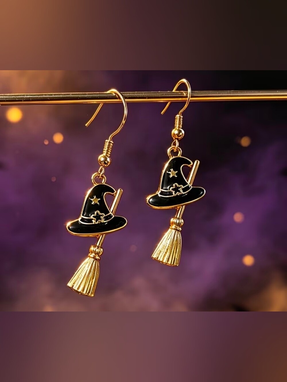 $8 Each Or Bundle 5/$20 Gold & Black Witch Hat Broom Dangle Halloween Earrings